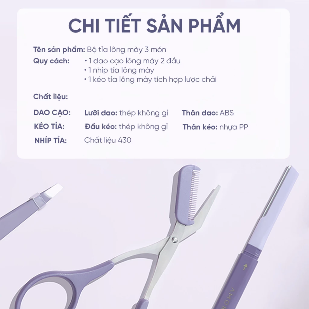 Bộ Dụng Cụ Tỉa Lông Mày Amortals Eyebrow Refining Tricmer 3-Piece Set