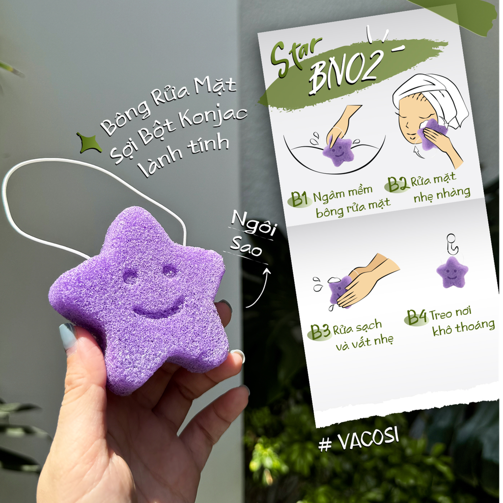Bông Rửa Mặt Sợi Bột Konjac Vacosi BN02 Mild Facial Cleansing Sponge - Star