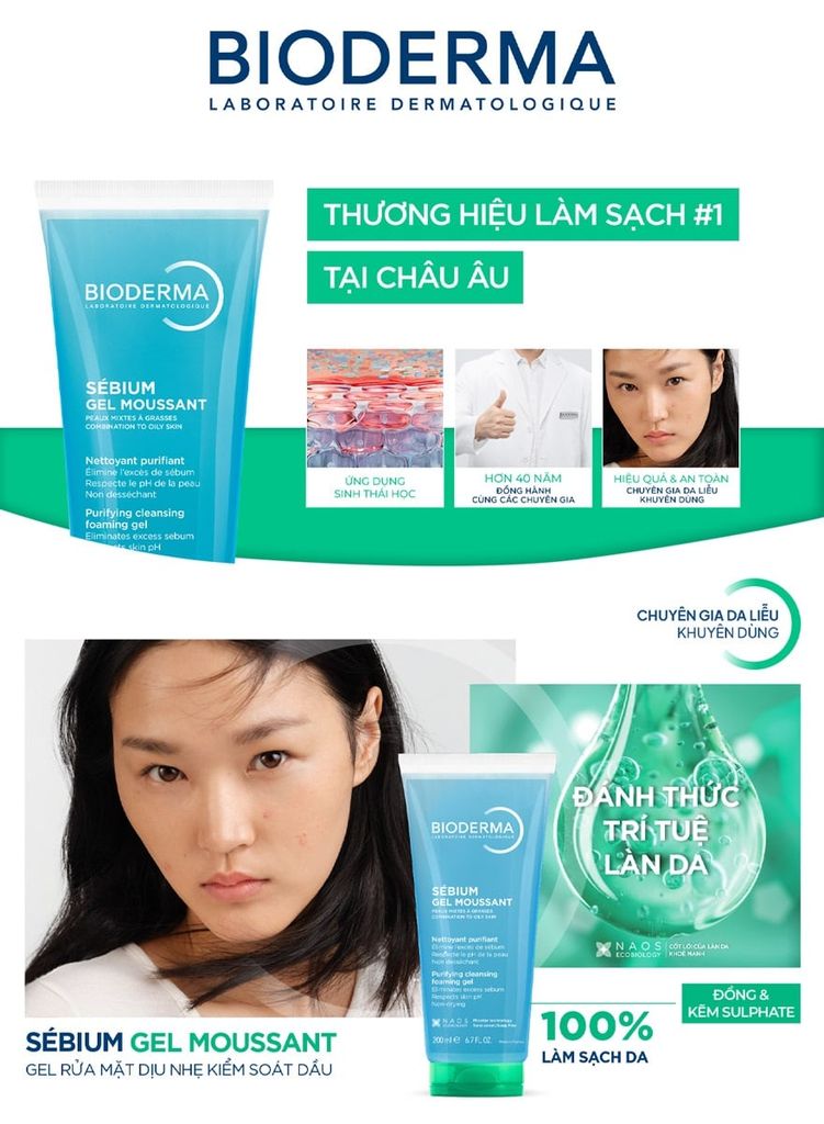 Gel Rửa Mặt Tạo Bọt Cho Da Hỗn Hợp & Da Dầu Bioderma Sebium Foaming Cleaning