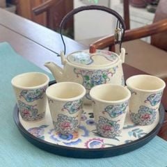 Bộ ấm chén kèm khay hoa văn chim lá cành kèm khay