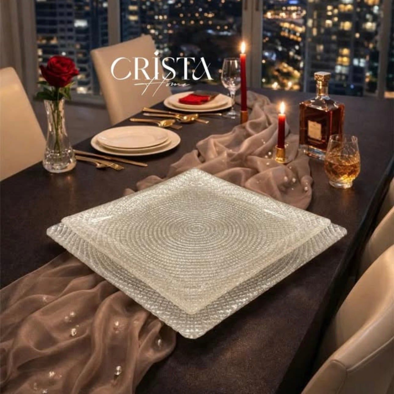 Bộ 2 đĩa thuỷ tinh vân lưới vuông 24cm 27.5cm Crista Home 60227