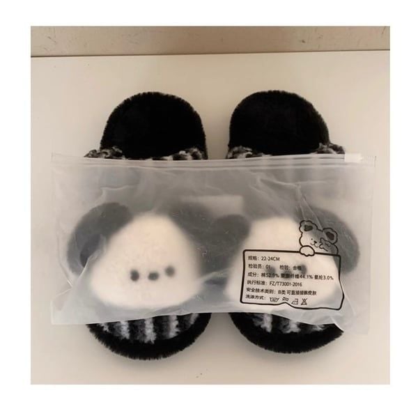  Dép lông charm cún đen trắng kẻ sọc 
