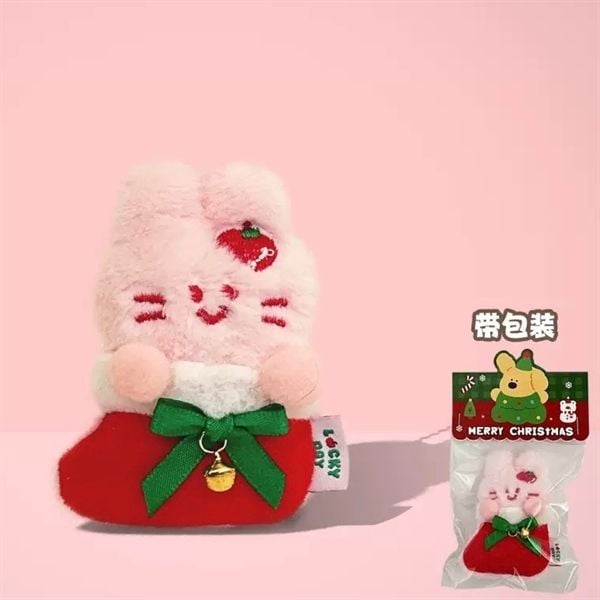  Móc khoá bông Giáng Sinh thỏ hồng ngồi tất 