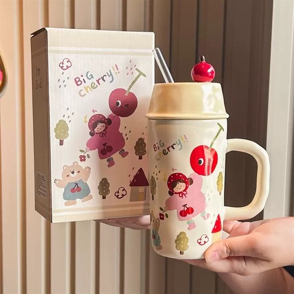  Cốc dài dễ thương nắp cherry 530ml 