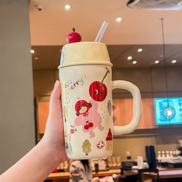  Cốc dài dễ thương nắp cherry 530ml 