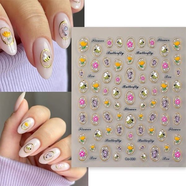  Sticker dán móng viền vàng bầu dục ong hoa 