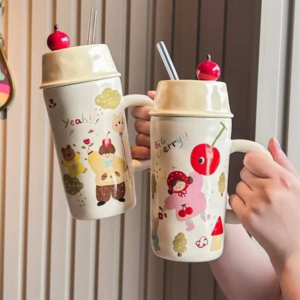  Cốc dài dễ thương nắp cherry 530ml 
