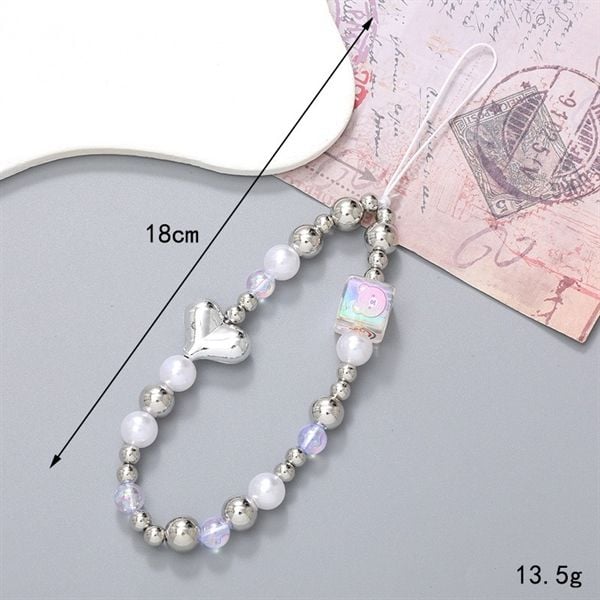  Dây charm đeo điện thoại trái tim bạc charm gấu vuông 