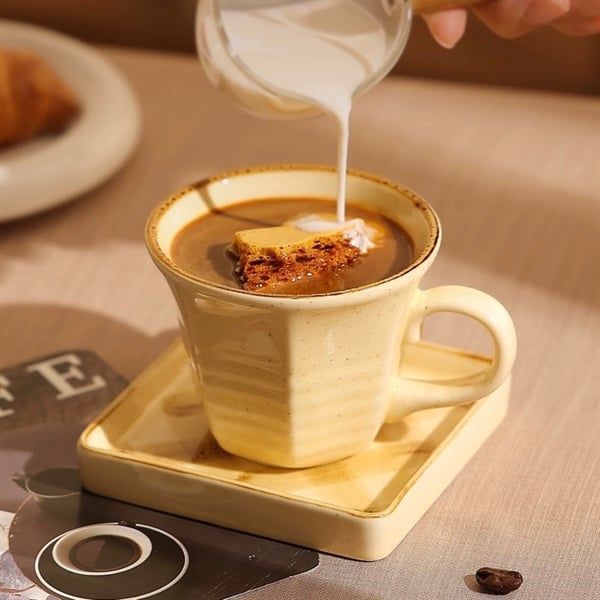  Cốc sứ be đĩa vuông kẻ caro 200ml 