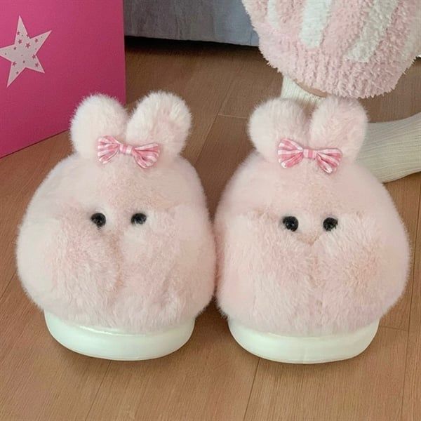  Dép lông thỏ má béo nơ caro 