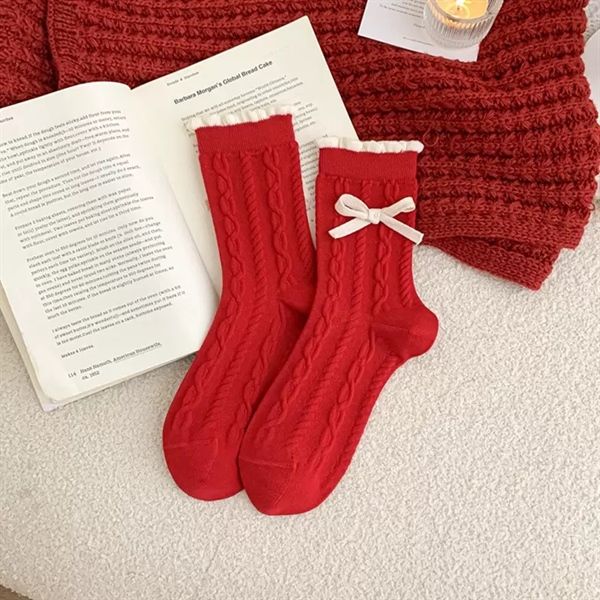  Tất Susufish tone đỏ gân xích nơ trắng 