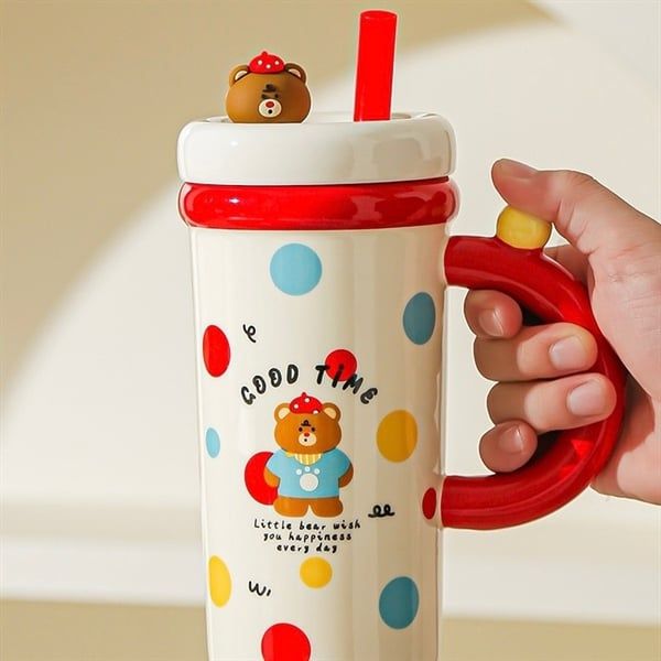  Cốc sứ dài thú cưng + ống hút 700ml 