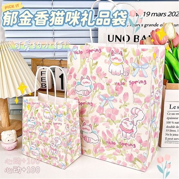  Túi quà quai giấy mèo Hello Spring nền hoa hồng 