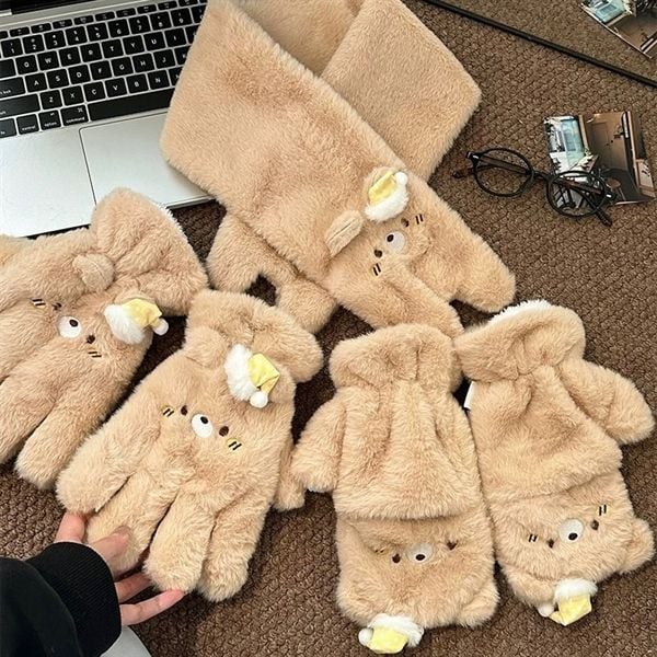  Set khăn găng tay gấu nâu mũ vàng 