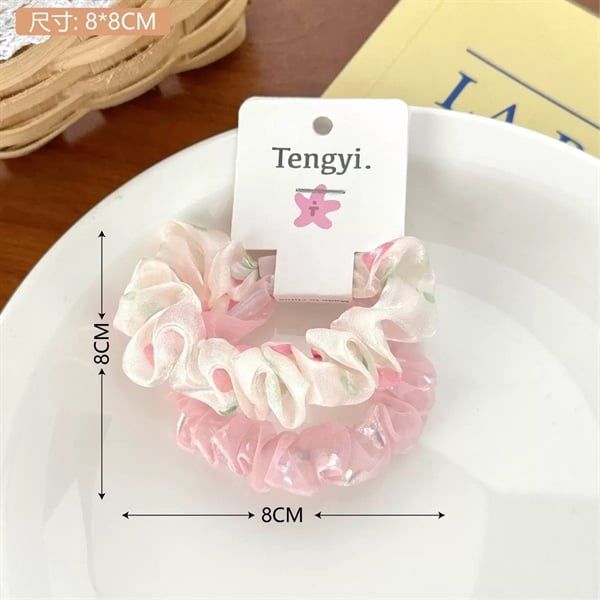 Set 2 chun buộc tóc nhún bèo hồng 