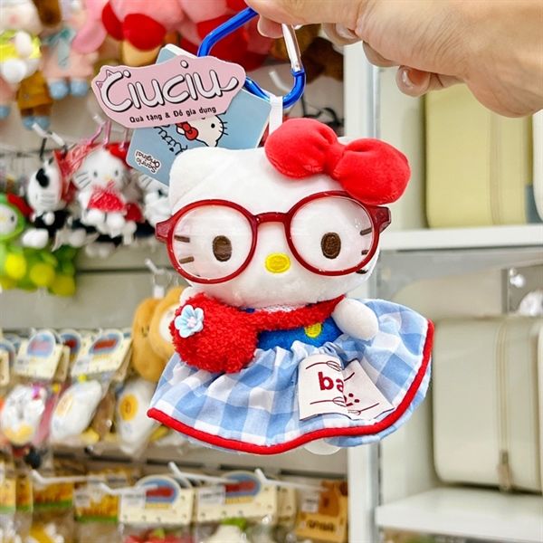  Móc khoá Hello Kitty đeo kính váy xoè caro xanh 