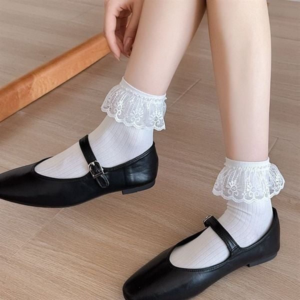  Tất Susufish trắng cổ ren 