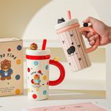  Cốc sứ dài thú cưng + ống hút 700ml 