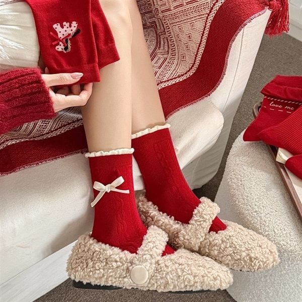  Tất Susufish tone đỏ gân xích nơ trắng 