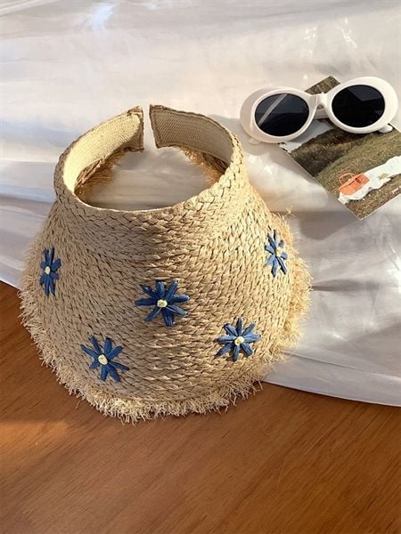  Mũ cói rộng vành nửa đầu 5 bông hoa 