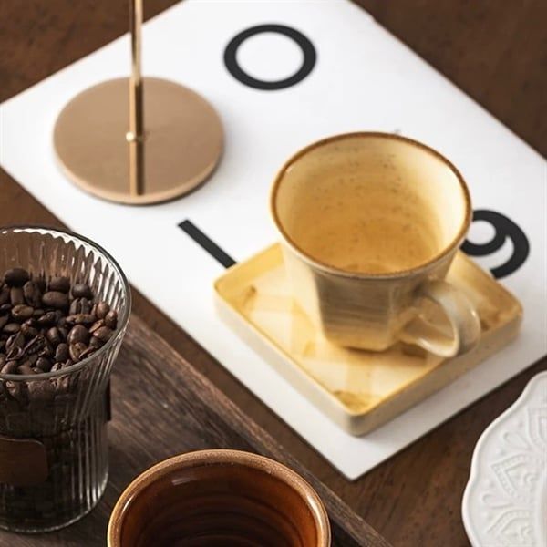  Cốc sứ be đĩa vuông kẻ caro 200ml 