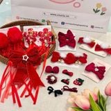  Kẹp tóc hoa đào nhung đỏ dây tua dài 