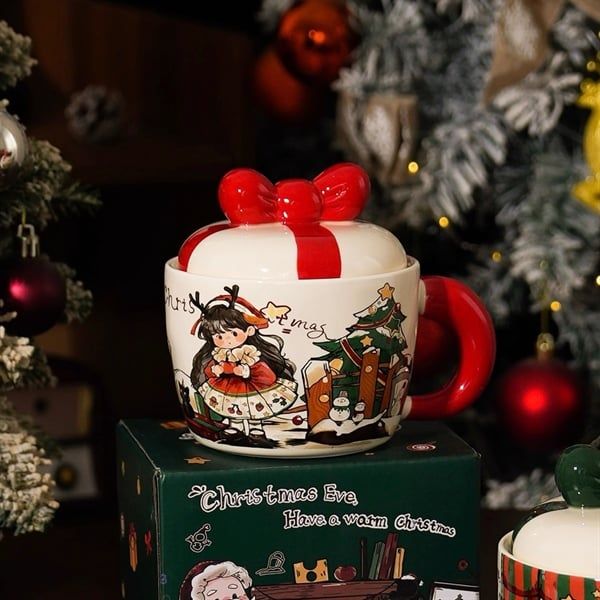  Cốc sứ bé gái váy đỏ nắp nơ 400ml 