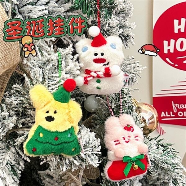  Móc khoá bông Giáng Sinh thỏ hồng ngồi tất 