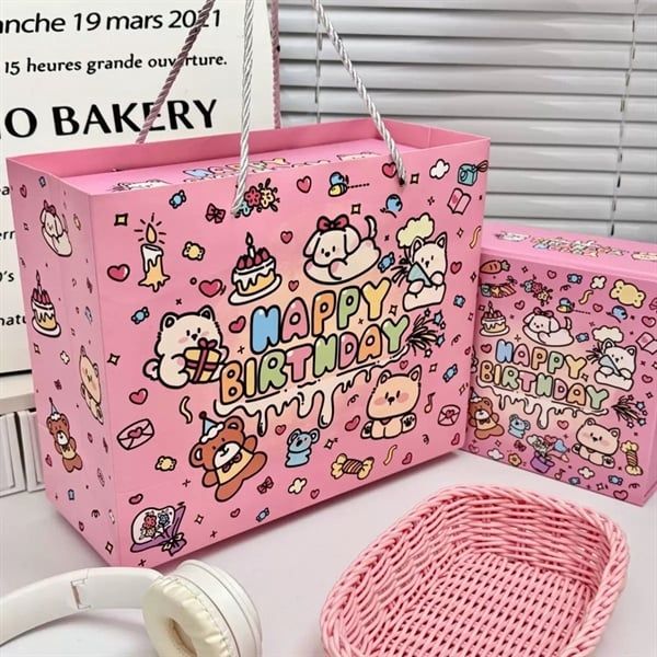  Túi quà thú Happy birthday hồng 