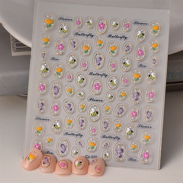  Sticker dán móng viền vàng bầu dục ong hoa 