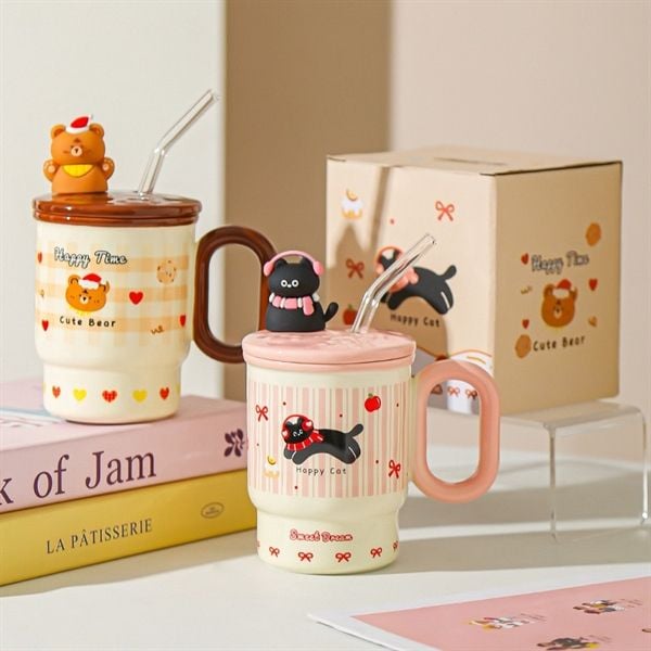  Cốc trụ thú silicon + ống hút thuỷ tinh 