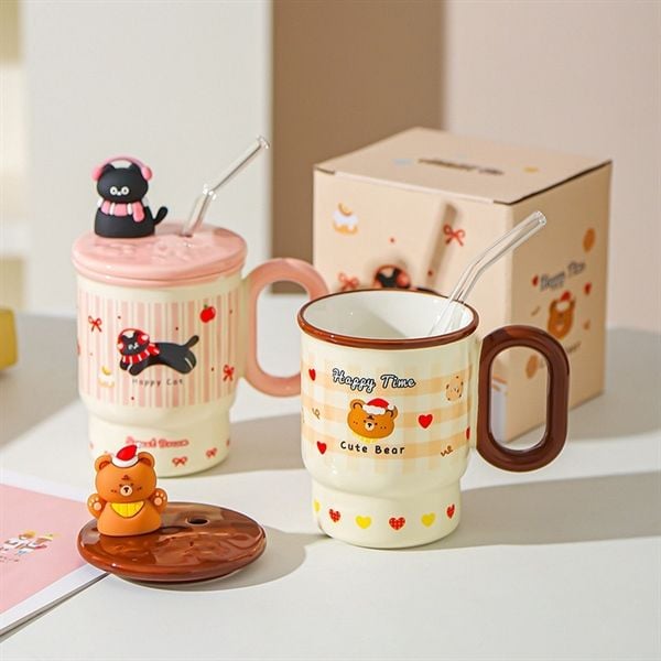  Cốc trụ thú silicon + ống hút thuỷ tinh 