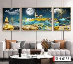 1123 - TRANH TREO PHÒNG KHÁCH SOFA - TRANH TRANG TRÍ - TRANH TREO TƯỜNG HƯƠU TÀI LỘC HIỆN ĐẠI - KIỂU TRANH GHÉP BỘ 3 BỨC | MÃ SLH-6133
