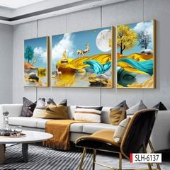 1124 - TRANH TREO PHÒNG KHÁCH SOFA - TRANH TRANG TRÍ - TRANH TREO TƯỜNG HƯƠU TÀI LỘC HIỆN ĐẠI - KIỂU TRANH GHÉP BỘ 3 BỨC | MÃ SLH-6137