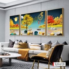 1125 - TRANH TREO PHÒNG KHÁCH SOFA - TRANH TRANG TRÍ - TRANH TREO TƯỜNG HƯƠU TÀI LỘC HIỆN ĐẠI - KIỂU TRANH GHÉP BỘ 3 BỨC | MÃ SLH-6139