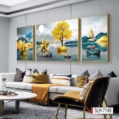 1127 - TRANH TREO PHÒNG KHÁCH SOFA - TRANH TRANG TRÍ - TRANH TREO TƯỜNG HƯƠU TÀI LỘC HIỆN ĐẠI - KIỂU TRANH GHÉP BỘ 3 BỨC | MÃ SLH-7148