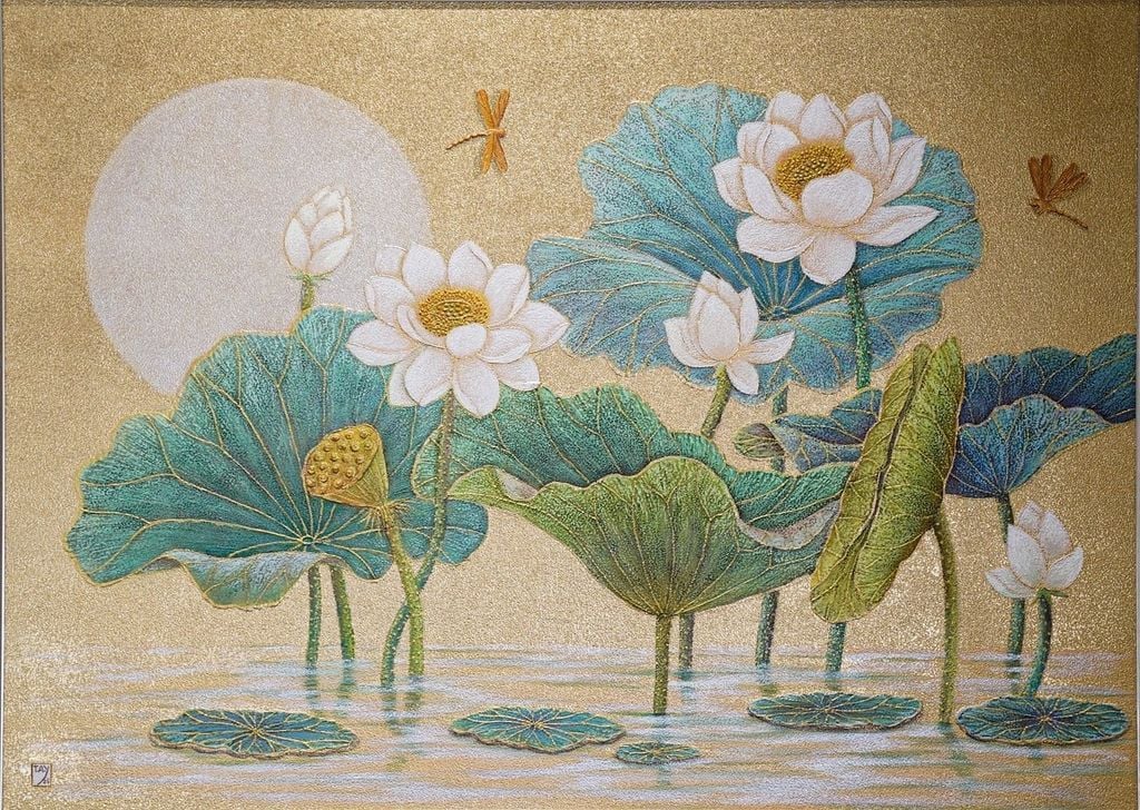 TRANH TREO TƯỜNG - PHÒNG KHÁCH, SAU SOFA, PHÒNG THỜ - CHỦ ĐỀ HOA SEN CÁ CHÉP - KHỔ LỚN - TRANH TRANG TRÍ - MÃ: T3D-14439