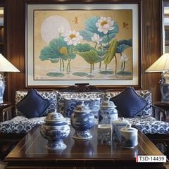 TRANH TREO TƯỜNG - PHÒNG KHÁCH, SAU SOFA, PHÒNG THỜ - CHỦ ĐỀ HOA SEN CÁ CHÉP - KHỔ LỚN - TRANH TRANG TRÍ - MÃ: T3D-14439