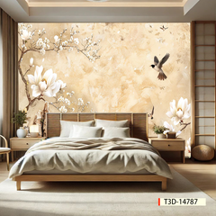 TRANH DÁN TƯỜNG 3D - TRANH DÁN TƯỜNG PHÒNG NGỦ - TRANH HOA ĐÀO - TRANH VẢI INDOCHINE - TRANH TRANG TRÍ | MÃ T3D-14787