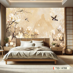 TRANH DÁN TƯỜNG 3D - TRANH DÁN TƯỜNG PHÒNG NGỦ - TRANH HOA ĐÀO - TRANH VẢI INDOCHINE - TRANH TRANG TRÍ  | MÃ T3D-14788