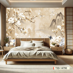 TRANH DÁN TƯỜNG 3D - TRANH DÁN TƯỜNG PHÒNG NGỦ - TRANH HOA ĐÀO - TRANH VẢI INDOCHINE - TRANH TRANG TRÍ | MÃ T3D-14791