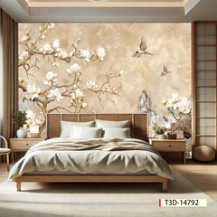 TRANH DÁN TƯỜNG 3D - TRANH DÁN TƯỜNG PHÒNG NGỦ - TRANH HOA ĐÀO - TRANH VẢI INDOCHINE - TRANH TRANG TRÍ | MÃ T3D-14792