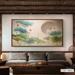 TRANH TREO TƯỜNG - PHÒNG KHÁCH, SAU SOFA, PHÒNG THỜ - CHỦ ĐỀ HOA SEN CÁ CHÉP - KHỔ LỚN - TRANH TRANG TRÍ - MÃ: T3D-14802