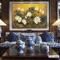 TRANH TREO TƯỜNG - PHÒNG KHÁCH, SAU SOFA, PHÒNG THỜ - CHỦ ĐỀ HOA SEN CÁ CHÉP - KHỔ LỚN - TRANH TRANG TRÍ - MÃ: T3D-14806
