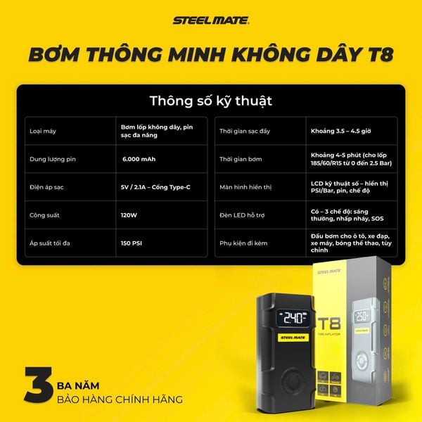  BƠM LỐP Ô TÔ KHÔNG DÂY STEELMATE T8 