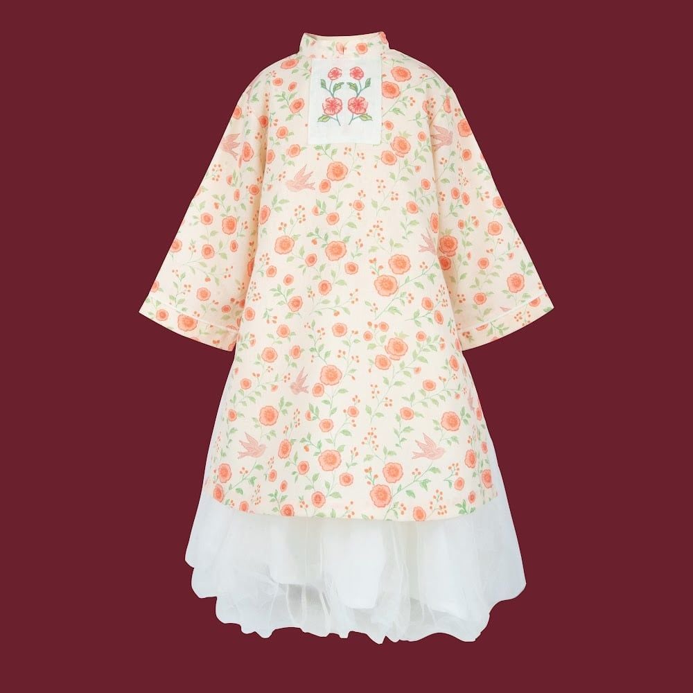 Áo dài linen bé gái Hoa xuân   - BLN3131HX