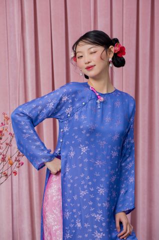 Áo dài Vân Vũ – Hoạ tiết Mai cách thuỷ | Màu xanh dương