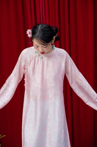 Áo dài Vân Vũ – Hoạ tiết thọ dơi | Màu cam đào