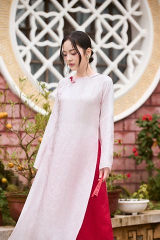 Áo dài Vân Vũ – Hoạ tiết thọ dơi | Màu hồng phớt