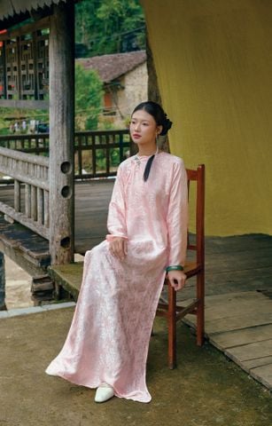 Áo dài Vân Vũ – Hoạ tiết thọ dơi | Màu cam đào